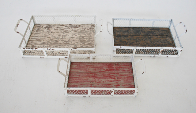 Set Of 3 Wooden Trays With Chicken Wire Sides