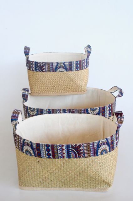 Lined Bamboo Baskets With Tribal Blue Trim
