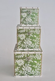 Set Of 3 Square Boxes Green Flowers