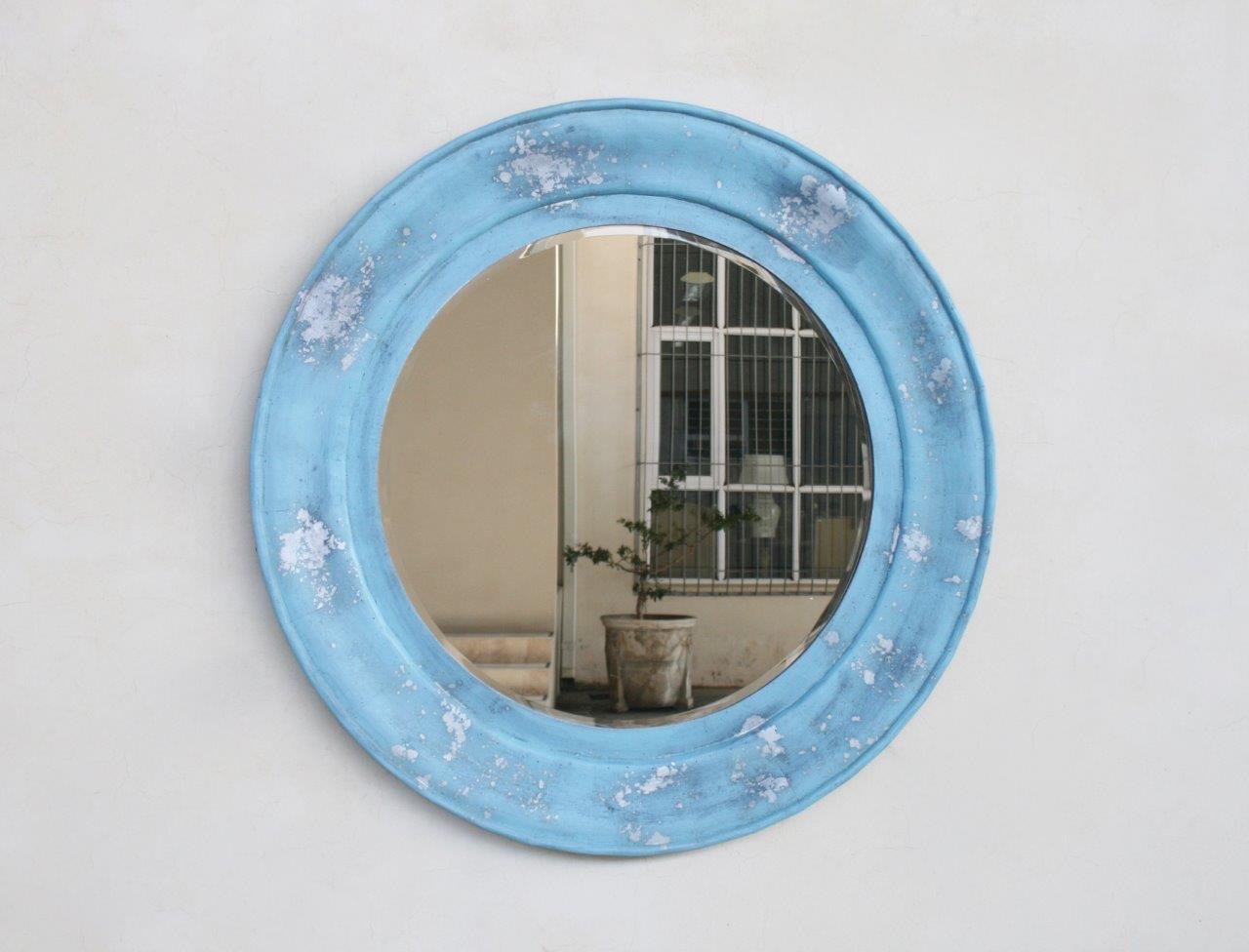 Light Blue Distressed Round Mirror