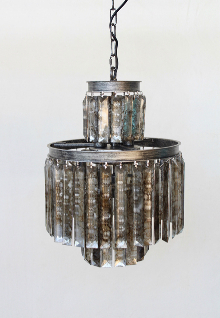 3 TIER ANTIQUE SILVER GLASS PENDANT  56X36CM