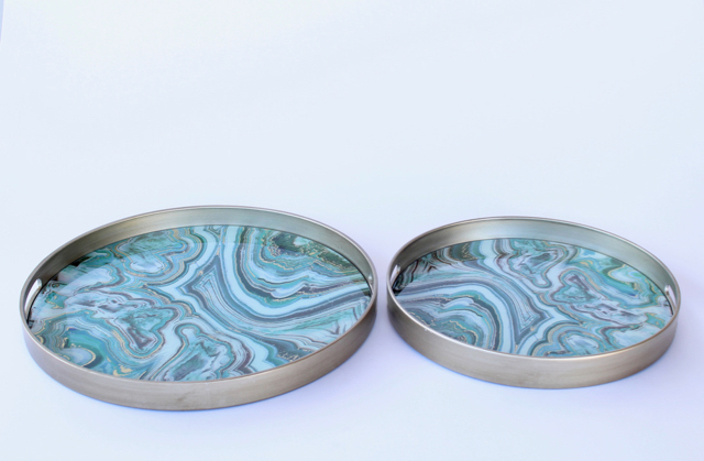Set Of 2 Round Green & Gold Trays