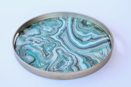 Set Of 2 Round Green & Gold Trays