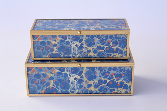 Set Of 2 Blue & Gold Rectangular Boxes