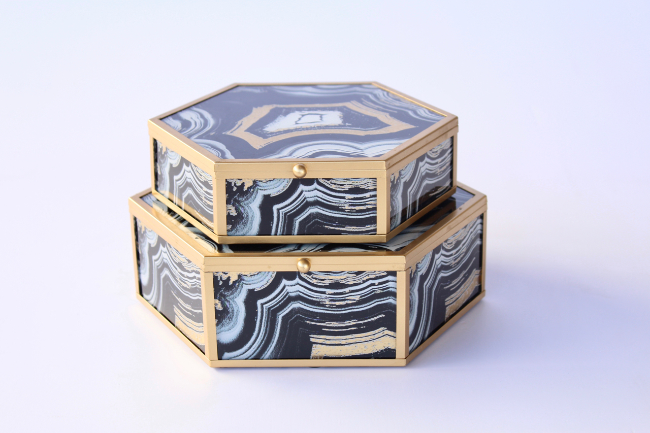Set Of 2 Black & Gold Octagonal Boxes