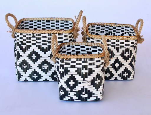 Set Of 3 Bamboo Black & White Basket Rope Handle