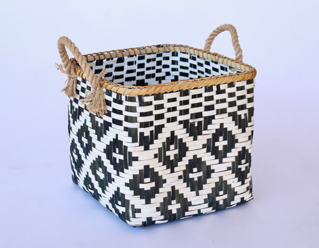 Set Of 3 Bamboo Black & White Basket Rope Handle