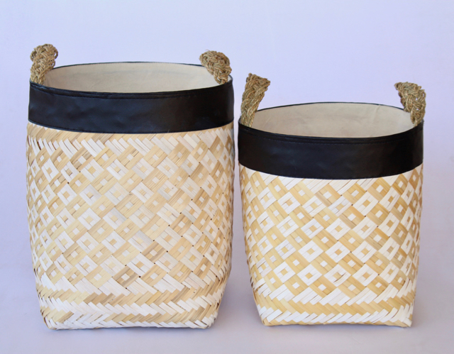 S/2 White & Natural Bamboo Baskets Leather Top