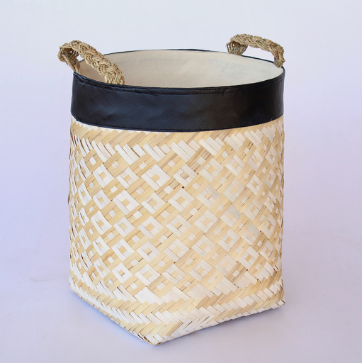 S/2 White & Natural Bamboo Baskets Leather Top