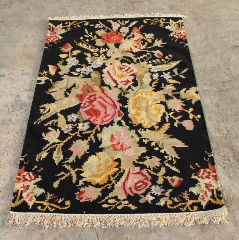 Wool & Cotton Black Multi-Floral Rug
