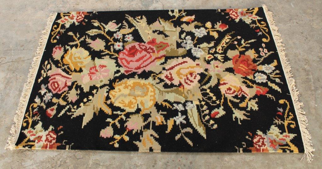 Wool & Cotton Black Multi-Floral Rug