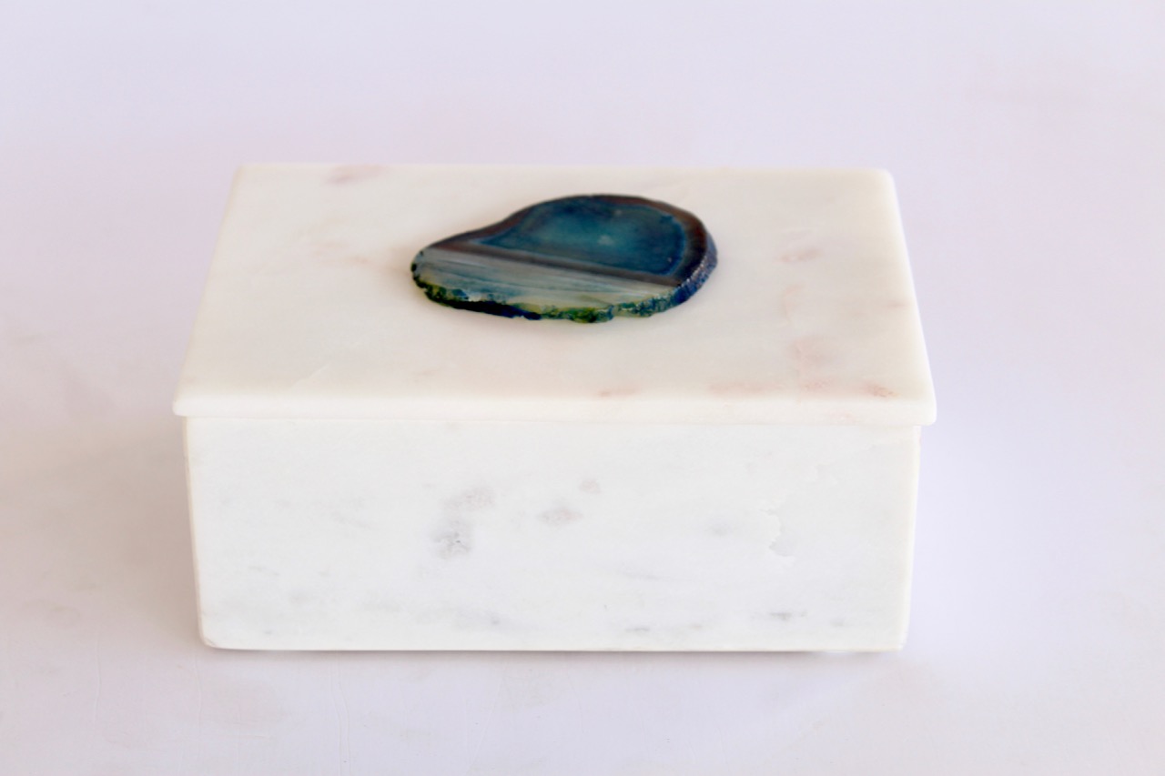 White Marble & Agate Oblong Box With Lid