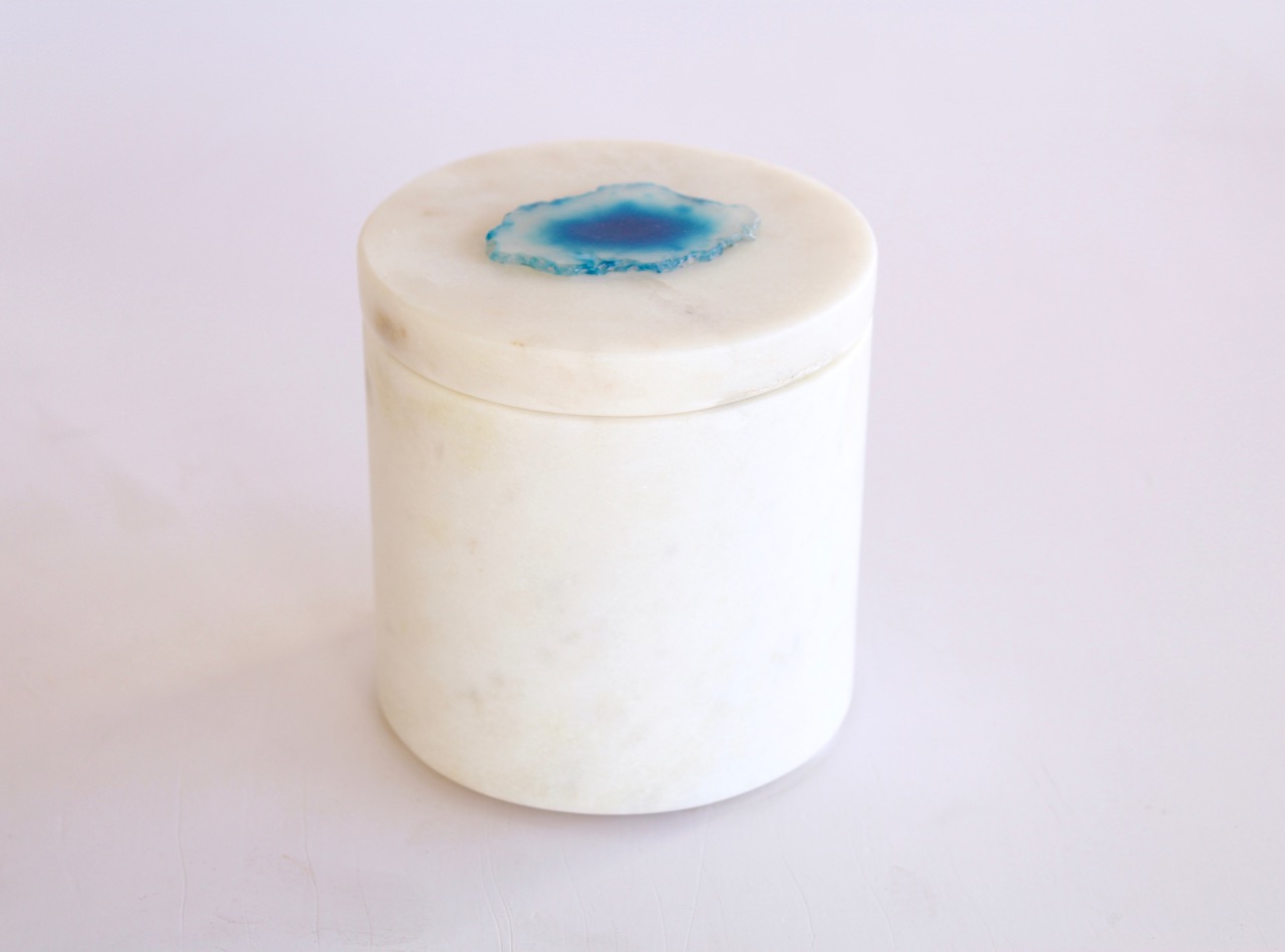 White Marble & Agate Round Box With Lid