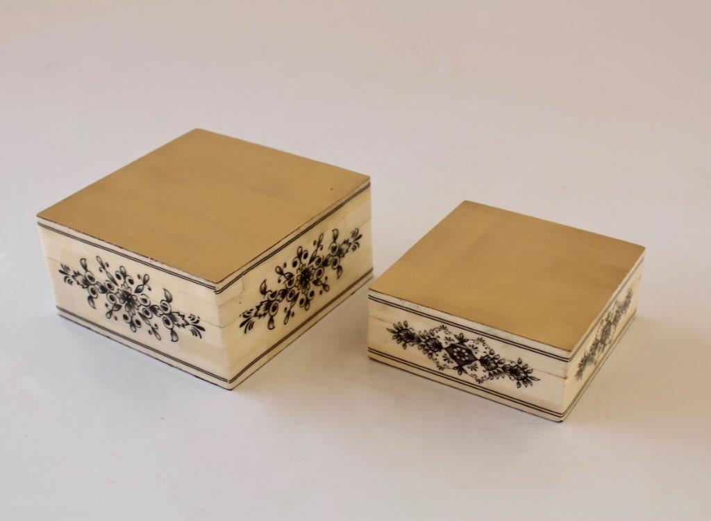 Set Of 2 Bone Boxes With Brass Lid & Black Etching