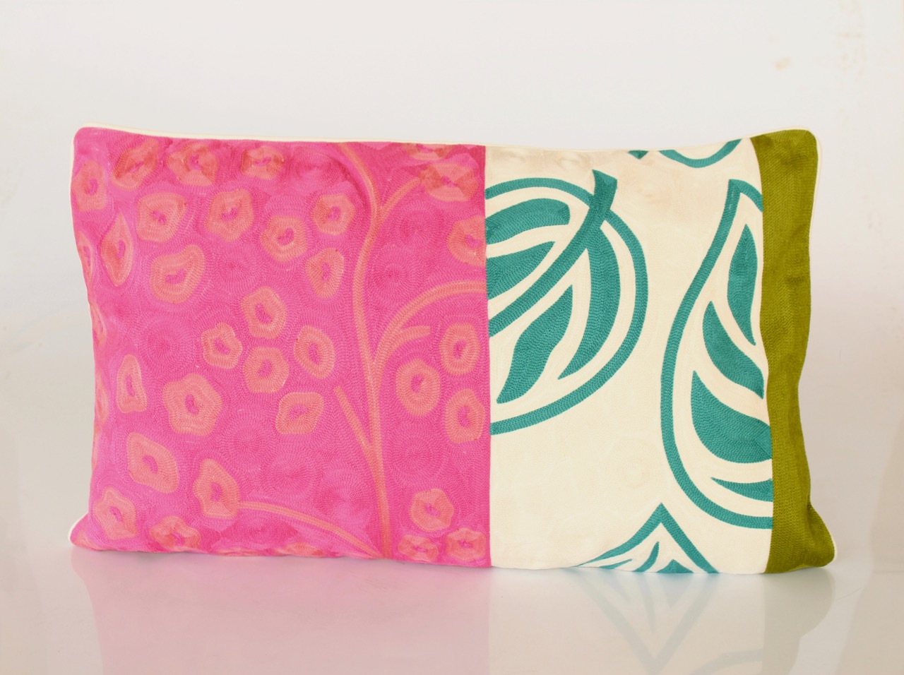 Pink & Turquoise Leaf Oblong Cushion With Inner