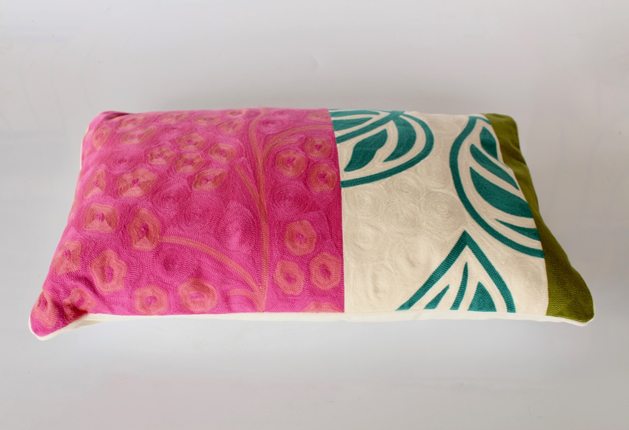 Pink & Turquoise Leaf Oblong Cushion With Inner