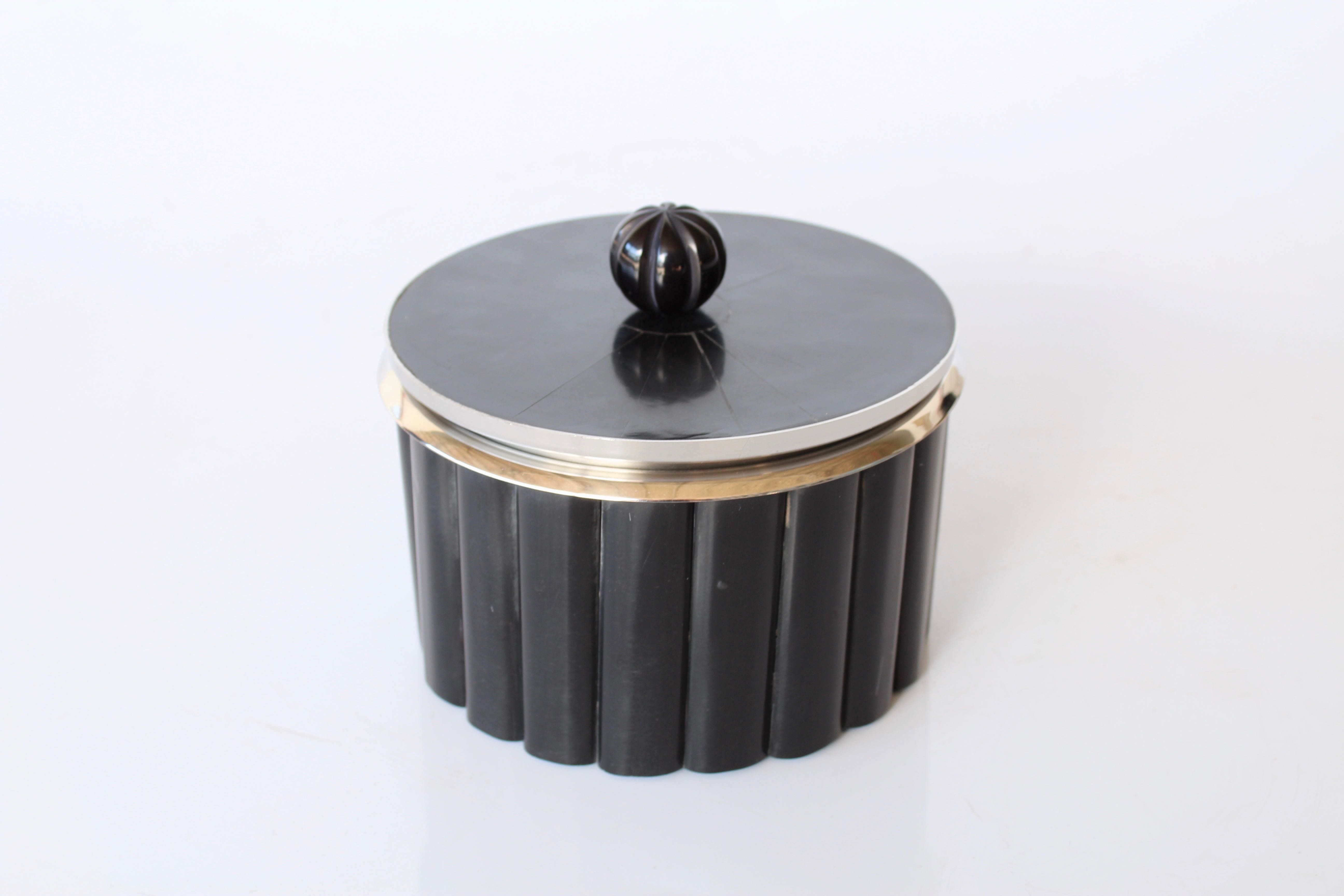 Medium Black Bone Round Box With Silver Lining