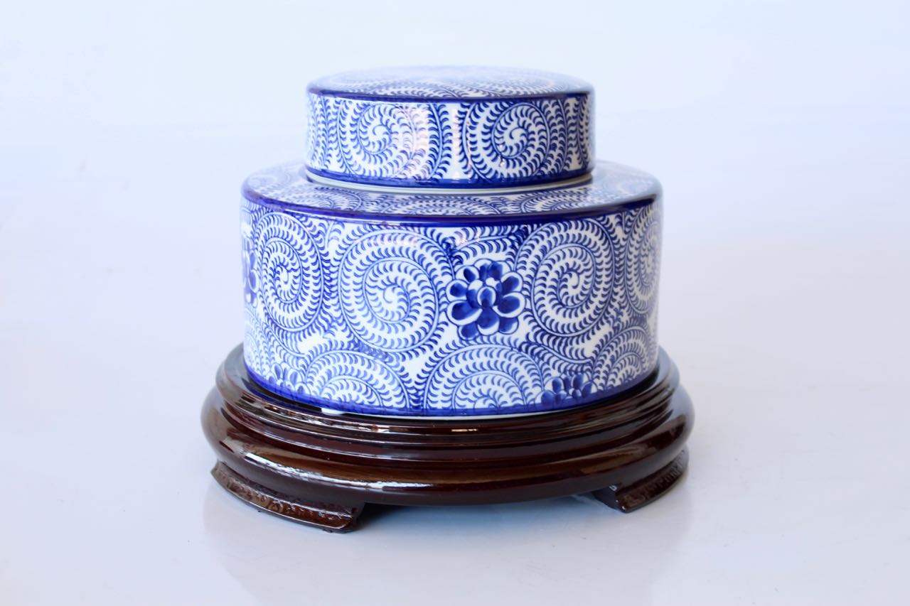Large Blue Jar Flat Lid On Wooden Stand