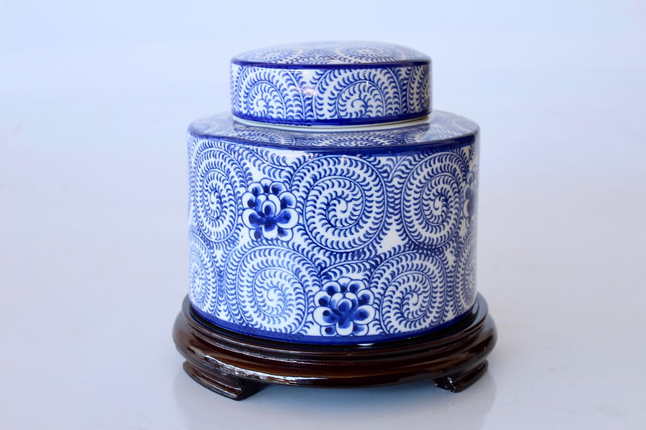Medium Blue Jar With Flat Lid On Wooden Stand