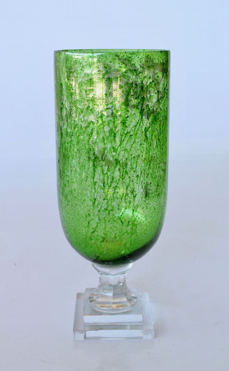 Large Antique Green Glass Candle Holder On Foot