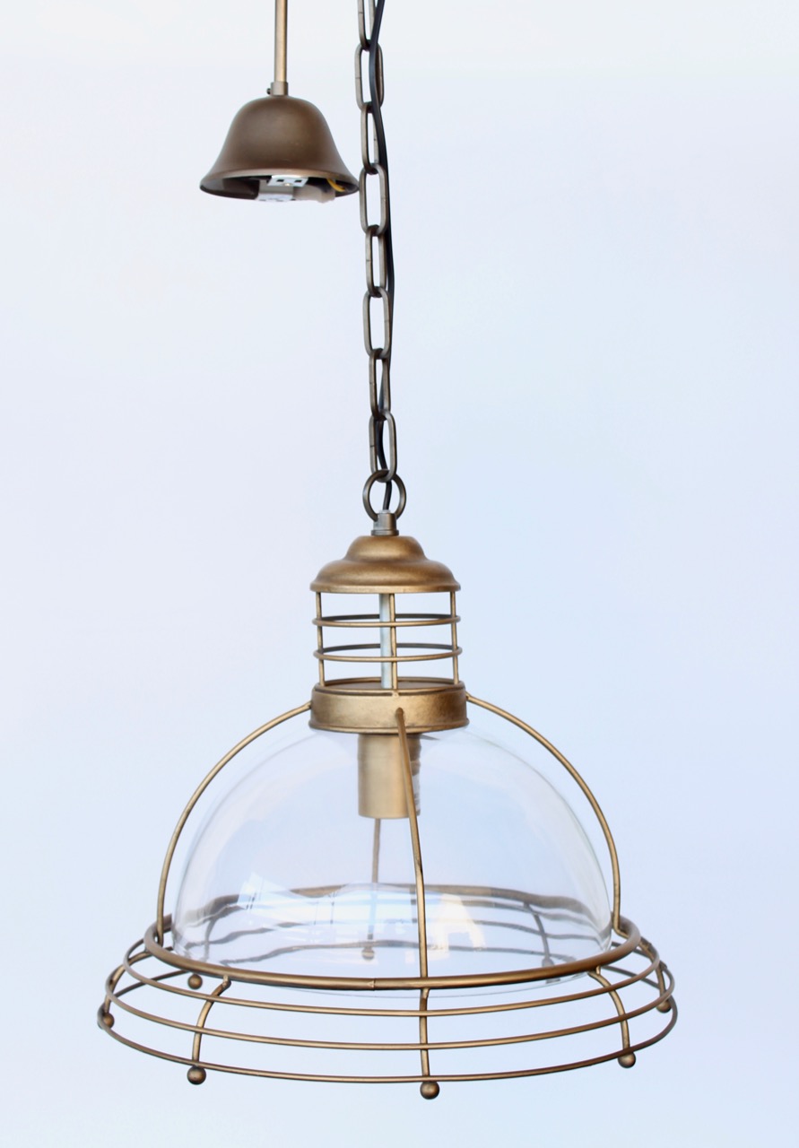 Metal & Glass Dome With 3 Brass Rings Hanging Light