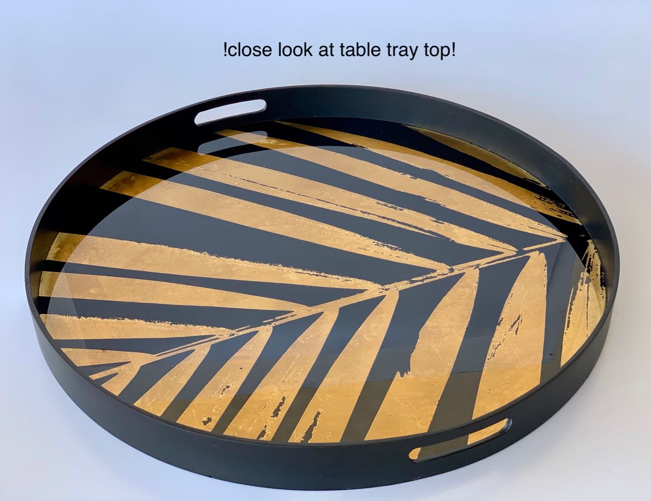 Round Black & Gold Leaf Side Table Tray