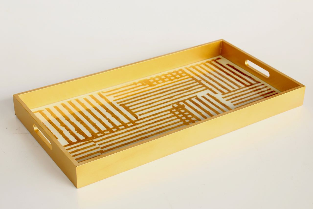 Gold Oblong Tray With Metallic Stripes