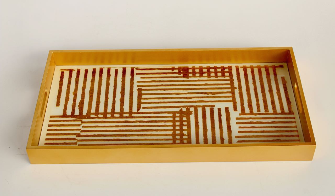 Gold Oblong Tray With Metallic Stripes