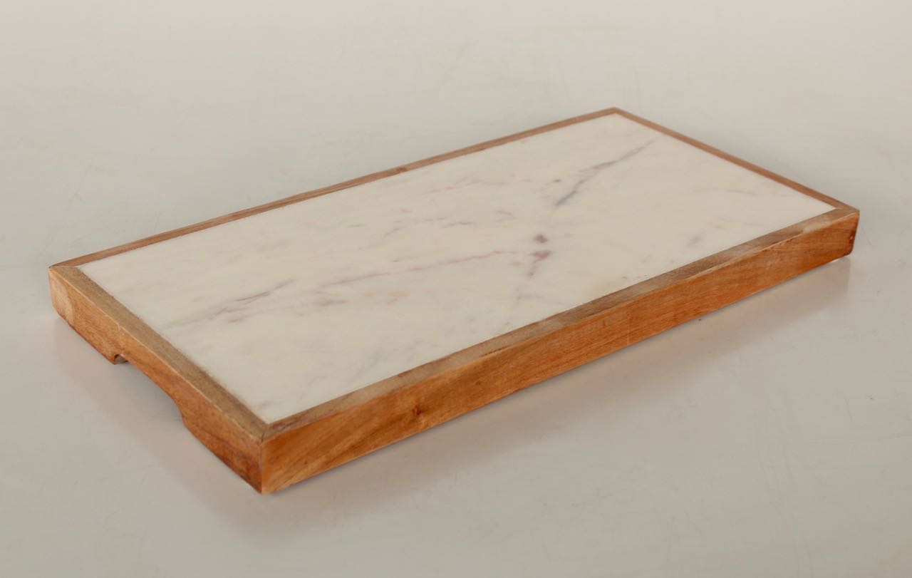 White Marble & Wood Oblong Raised Stand