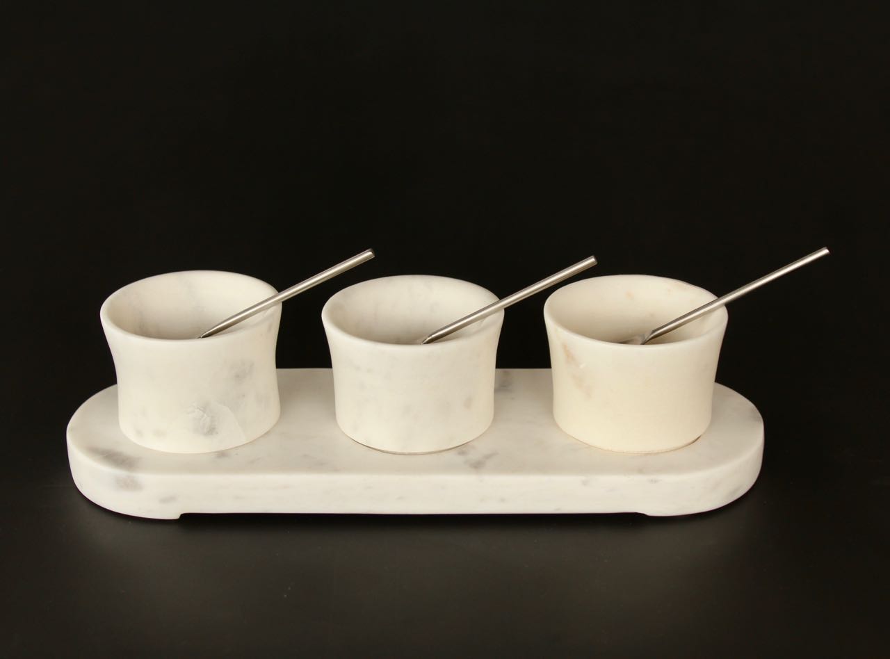 Set Of 3 Marble Condiment Set With Spoons & Tray