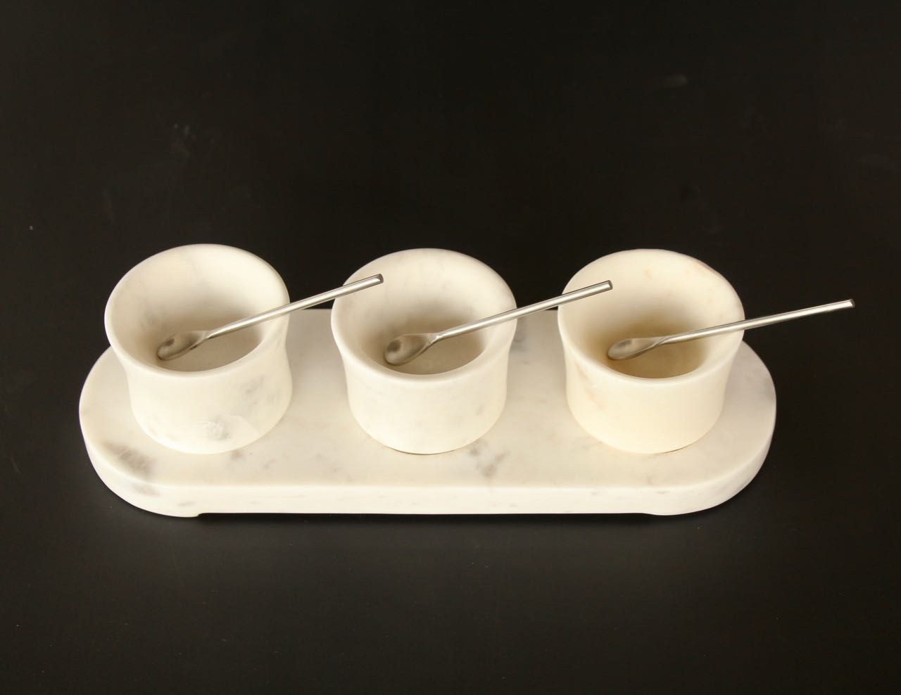 Set Of 3 Marble Condiment Set With Spoons & Tray