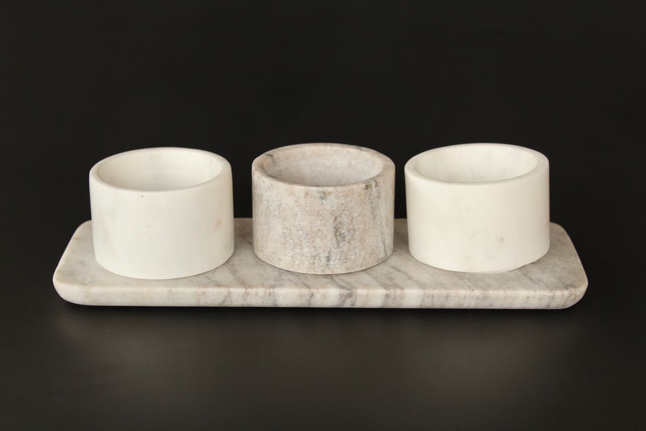Set Of 3 White & Grey Marble Bowls On Tray