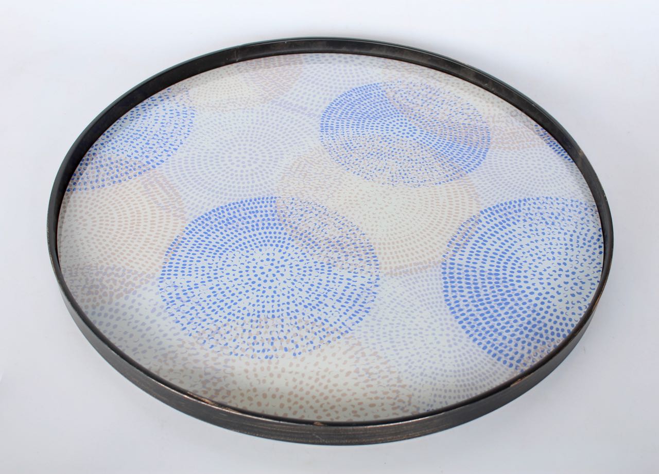 BLUE & BEIGE DOTS ROUND TRAY 3.5X61