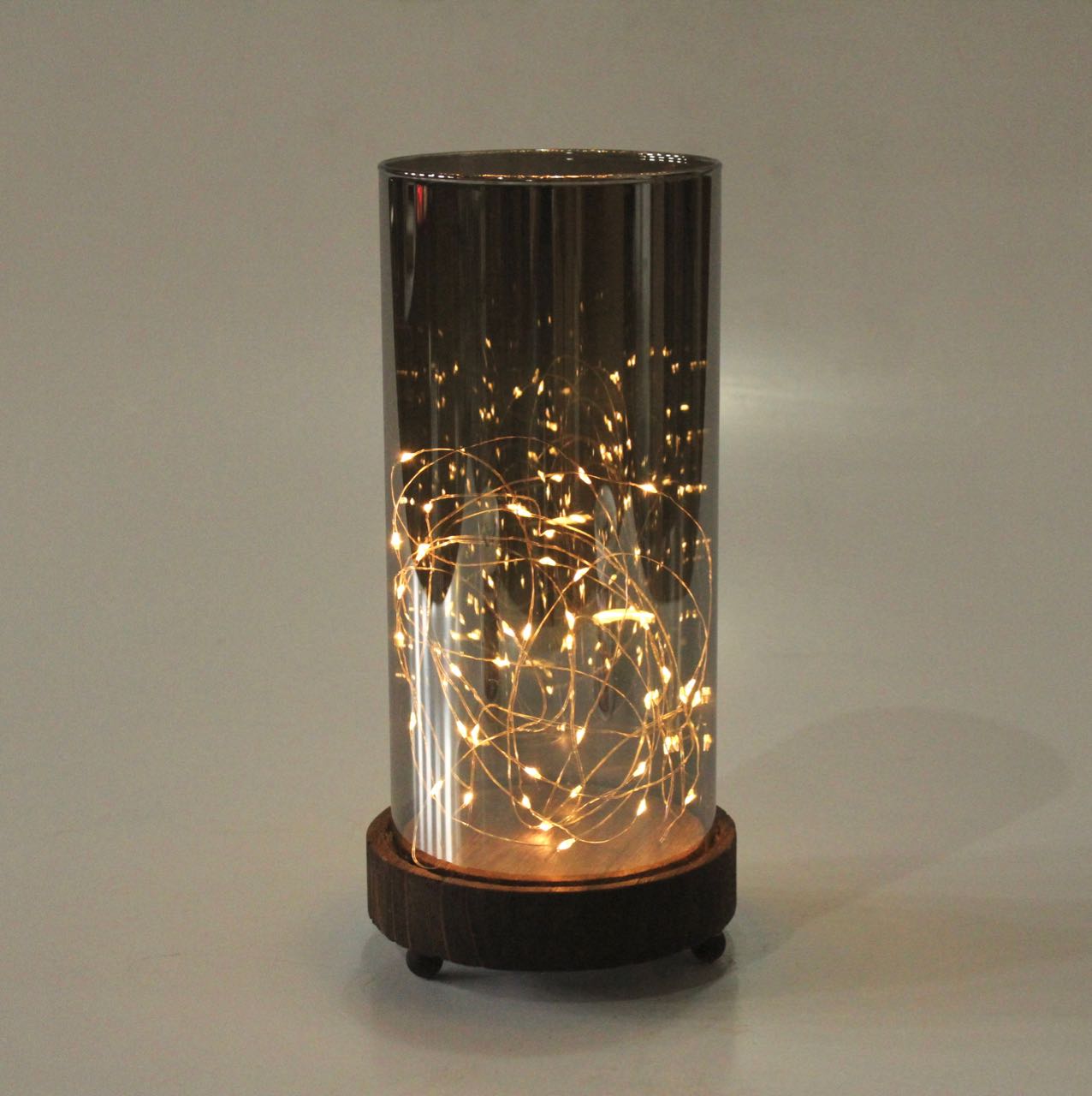 Led Smokey Luster Glass Cylinder Wooden Base