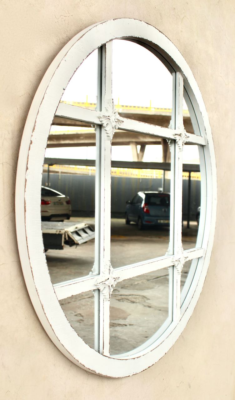 White Distressed 9 Pane Round Mirror