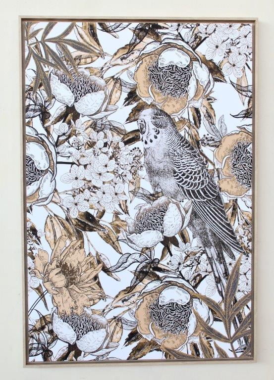 BLACK & BROWN BUDGIE FRAMED PICTURE  124X84CM