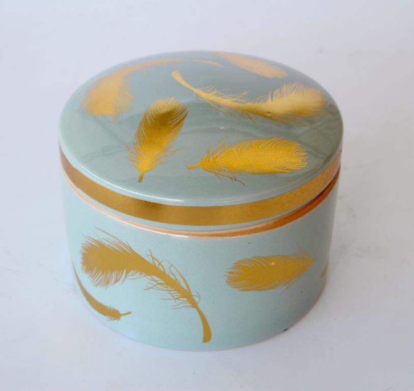 Aqua Jar With Gold Feathers