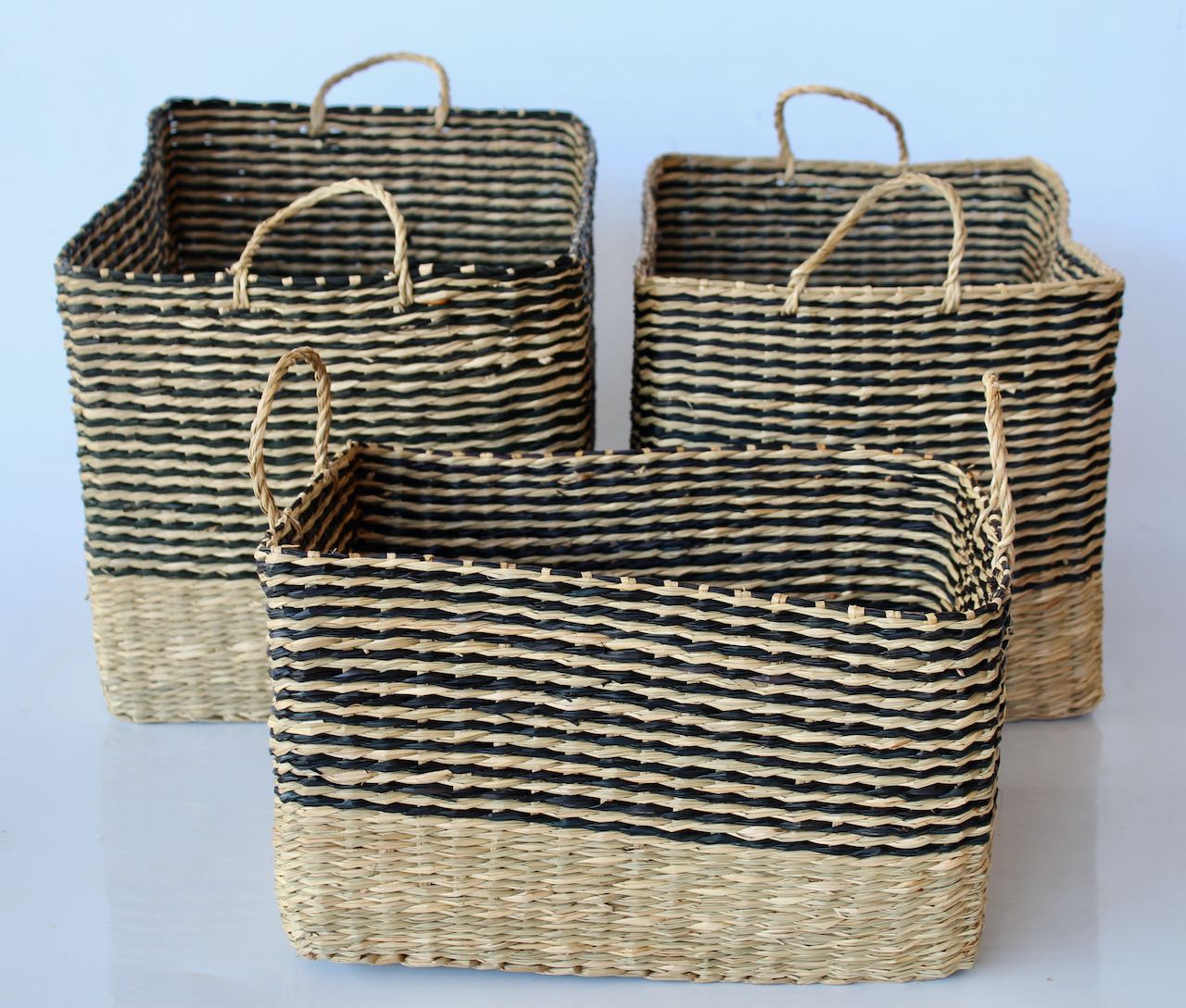 Set Of 3 Black & Natural Rectangular Baskets