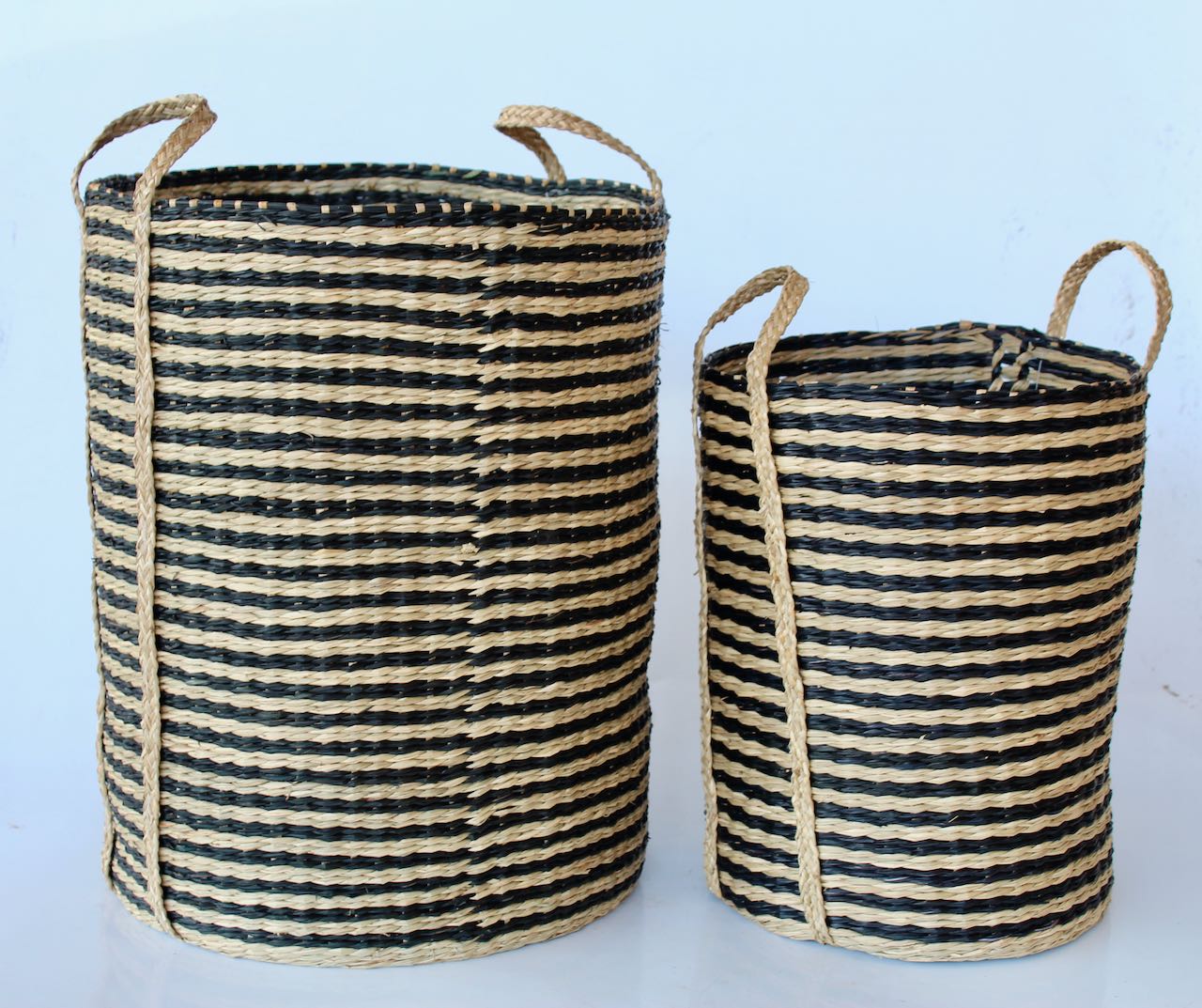 Set Of 2 Tall Black & Natural Seagrass Baskets