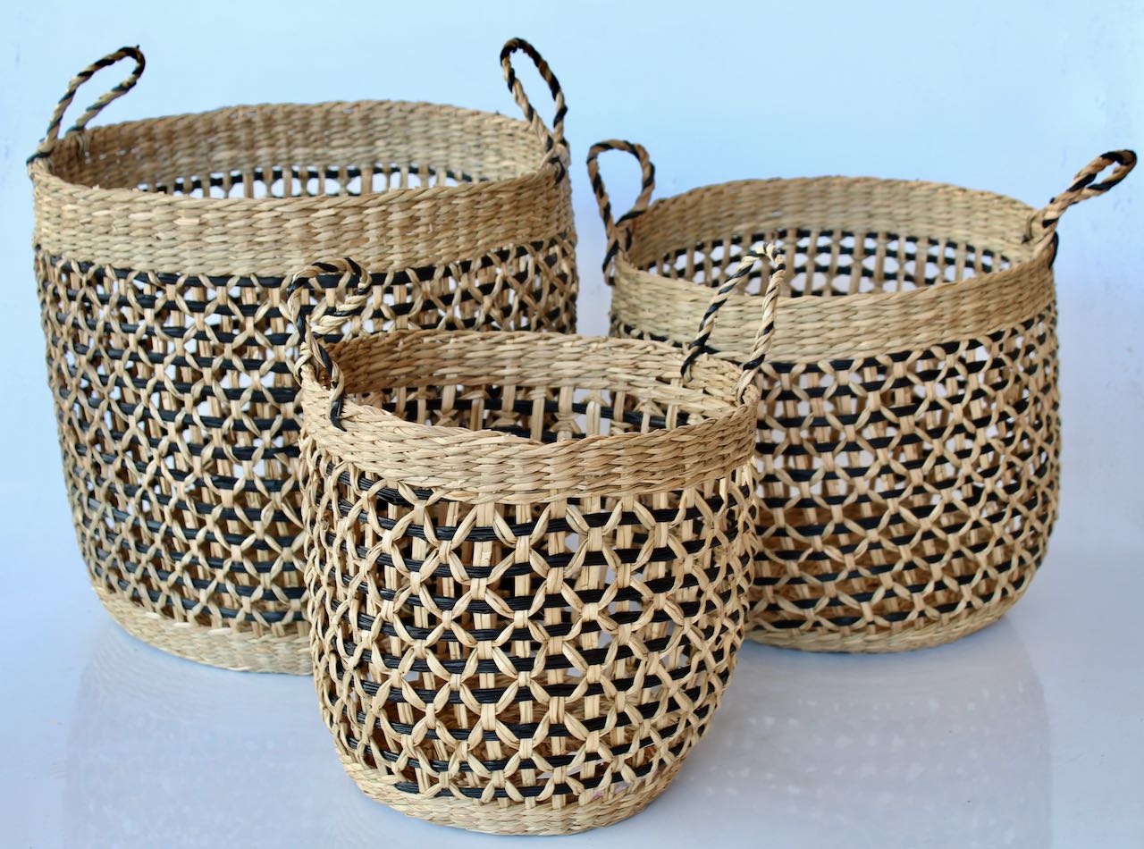 Set Of 3 Black & Natural Diamond Baskets