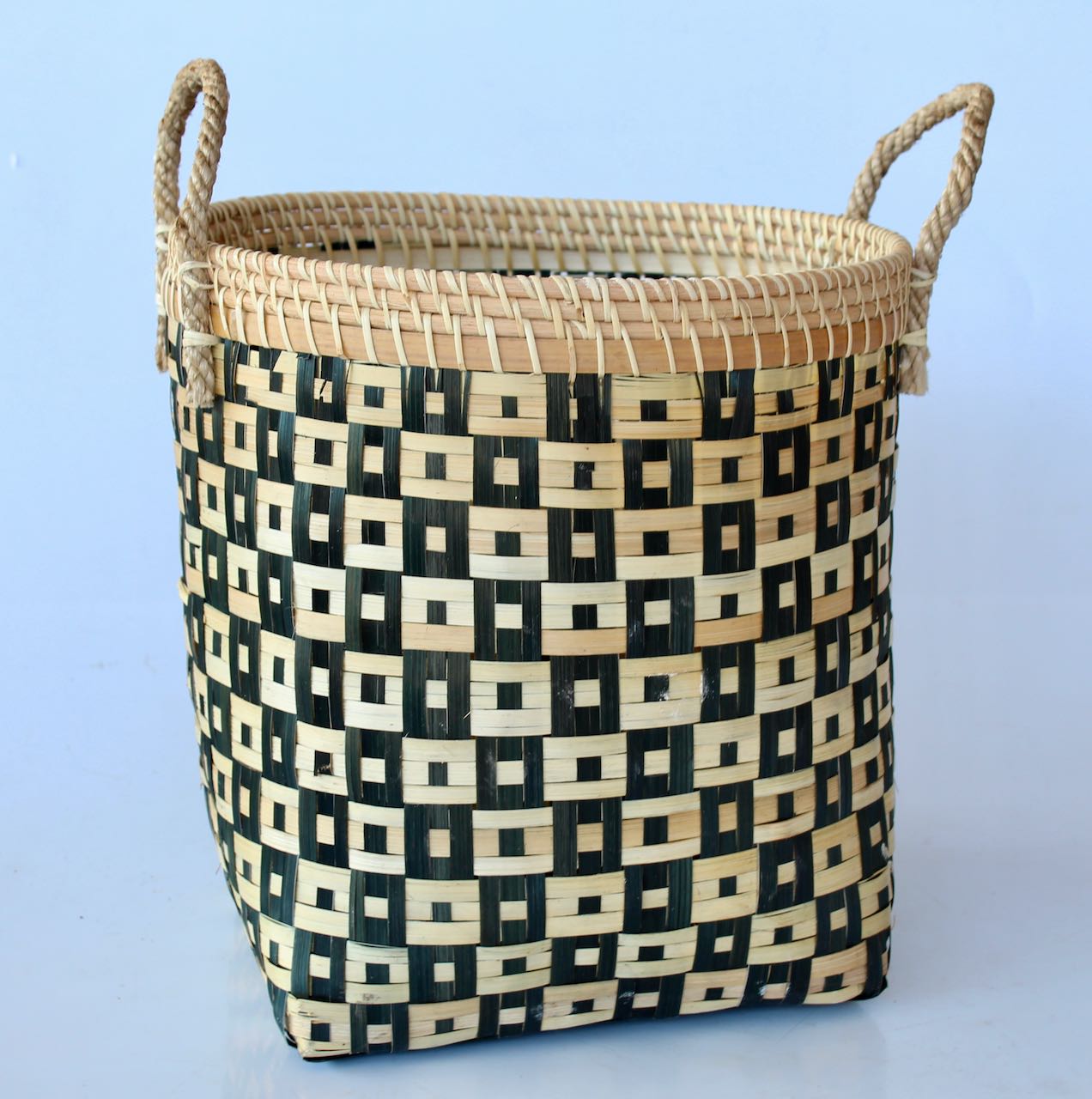 Set Of 3 Black Checked Bamboo Round Baskets