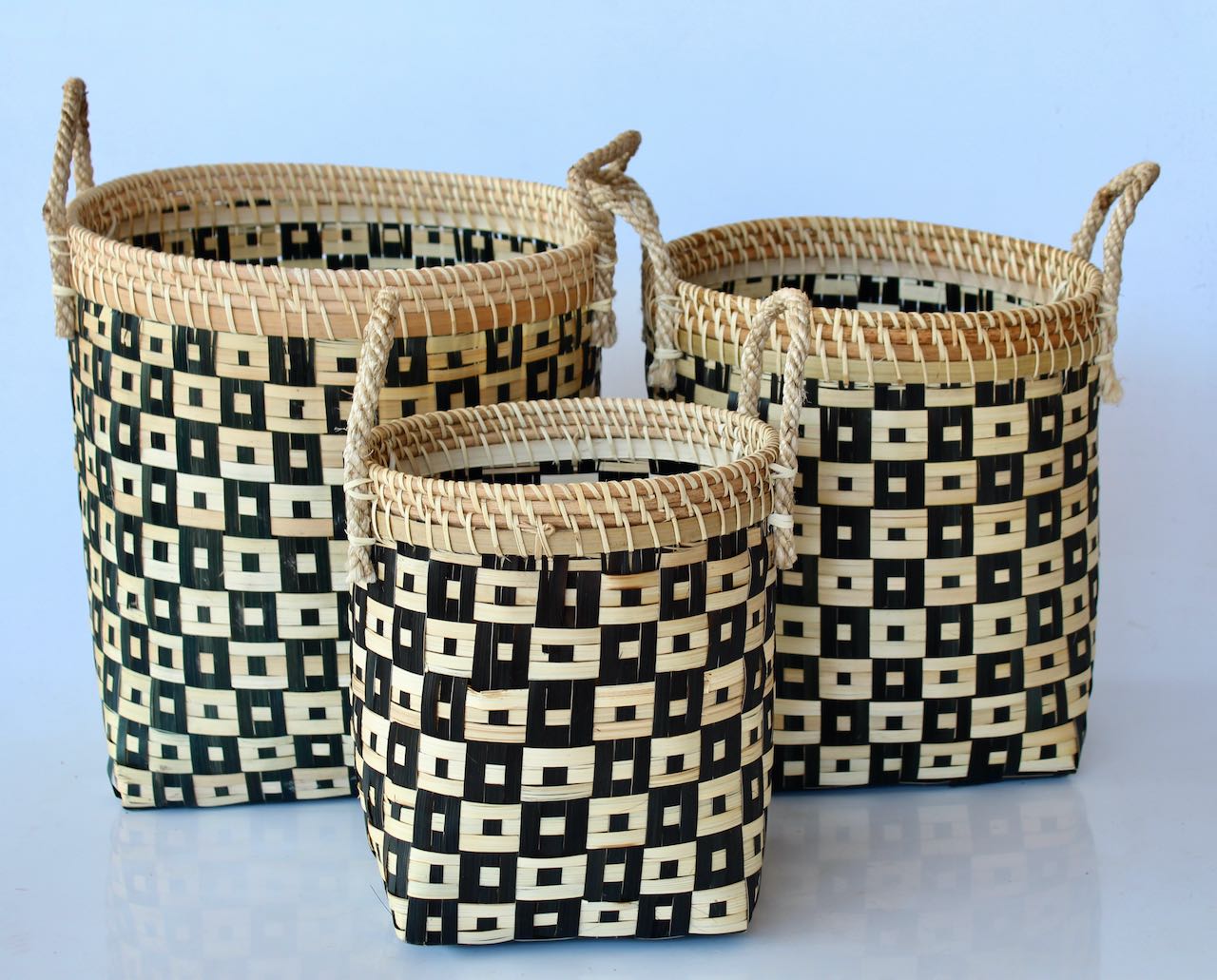 Set Of 3 Black Checked Bamboo Round Baskets