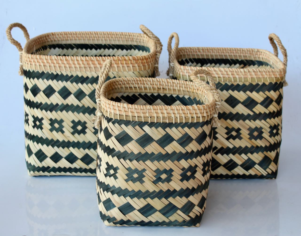 Set Of 3 Black & Natural Bamboo Baskets