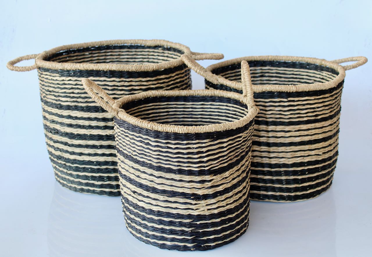Set Of 3 Black & Natural Multi Stripe Baskets