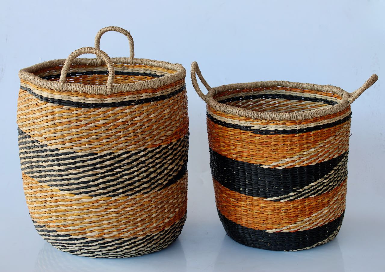 Set Of 2 Black & Orange Seagrass Baskets