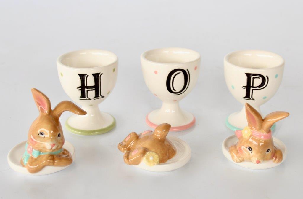 Set Of 3 'Hop' Bunny Egg Cups Loose Lids
