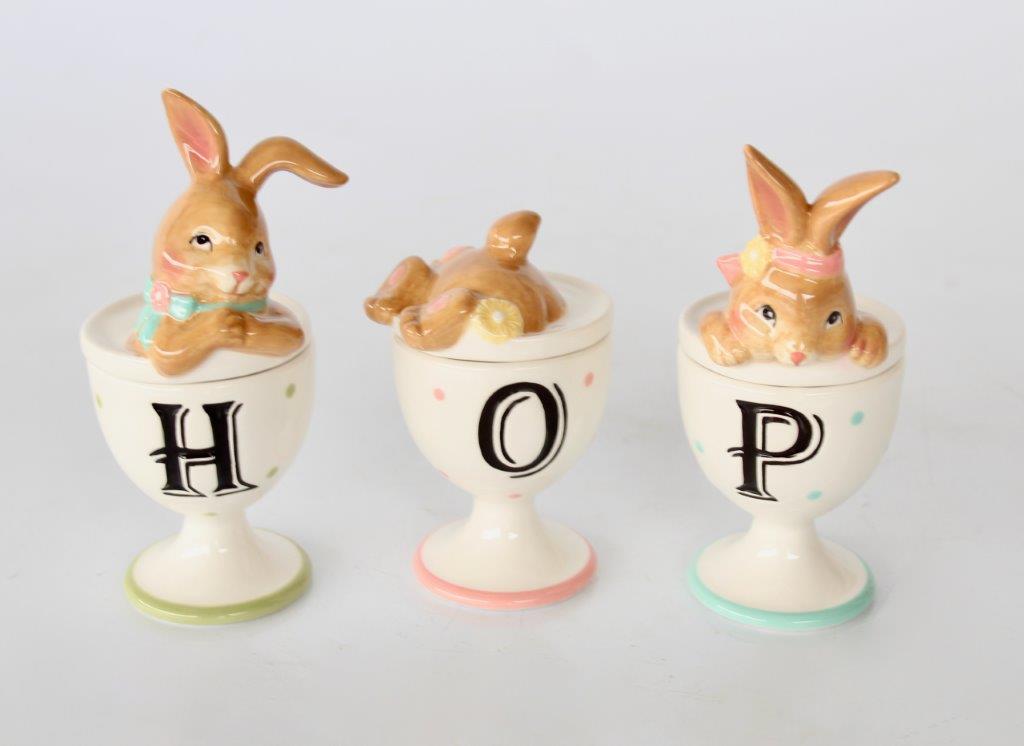 Set Of 3 'Hop' Bunny Egg Cups Loose Lids