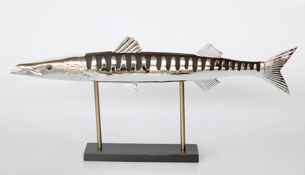 Large Distressed Black & Silver Barracuda On Stand