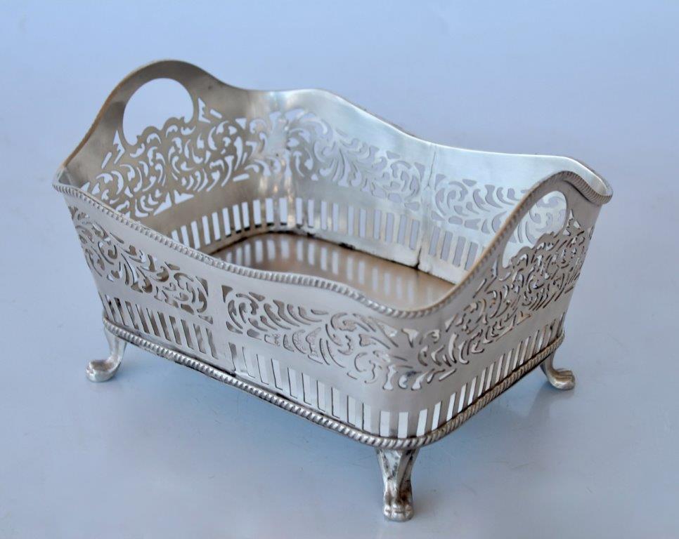 Rectangular Pewter Filigree Bowl With Handles