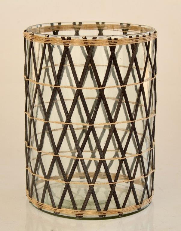 BLACK RATTAN GLASS CANDLE HOLDER  25X18CM
